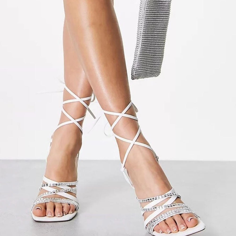 ASOS DESIGN-Wide Fit Nina Embellished Strappy Tie Leg Sandals-Size: 9-White-NEW!